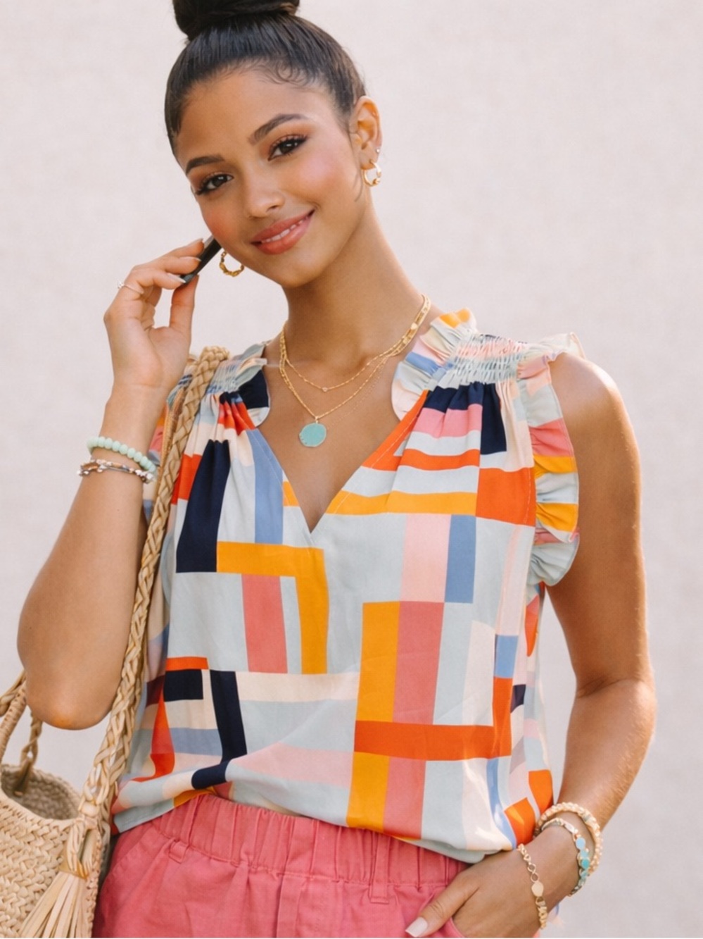 THML Geometric Print Ruffle Sleeve Blouse Small Colorful Boutique Top